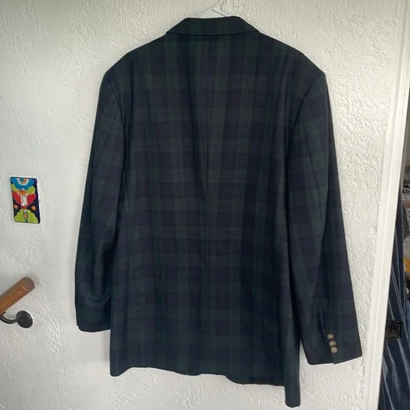 HUNTING HORN DESIGN FOR J. RIGGINGS WOOL BLEND TARTAN PLAID Navy Green Size 42L - Picture 4 of 9